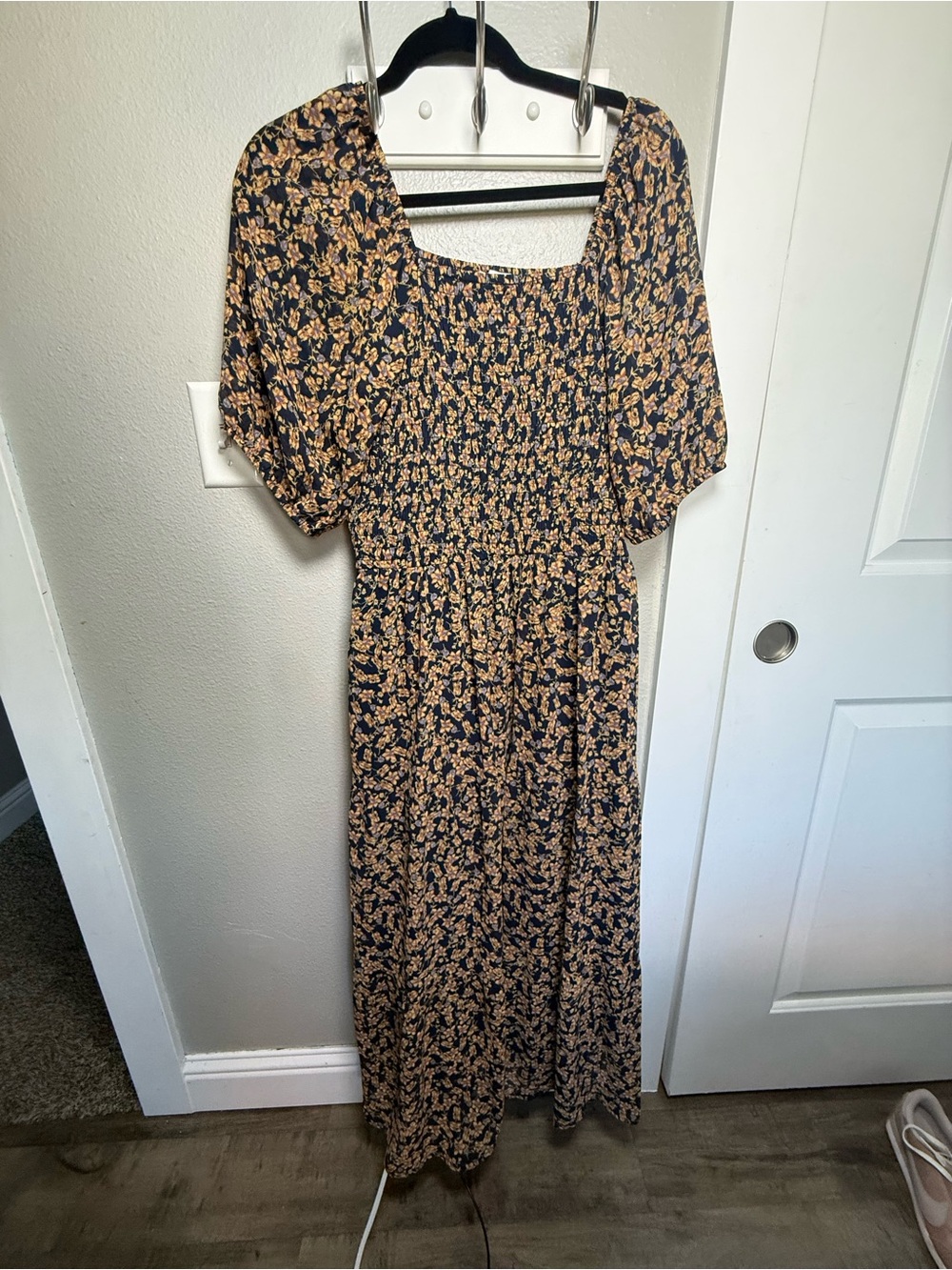Baltic Born Floral Smocked Maxi Dress 1XL Navy Puff Sleeve Boho